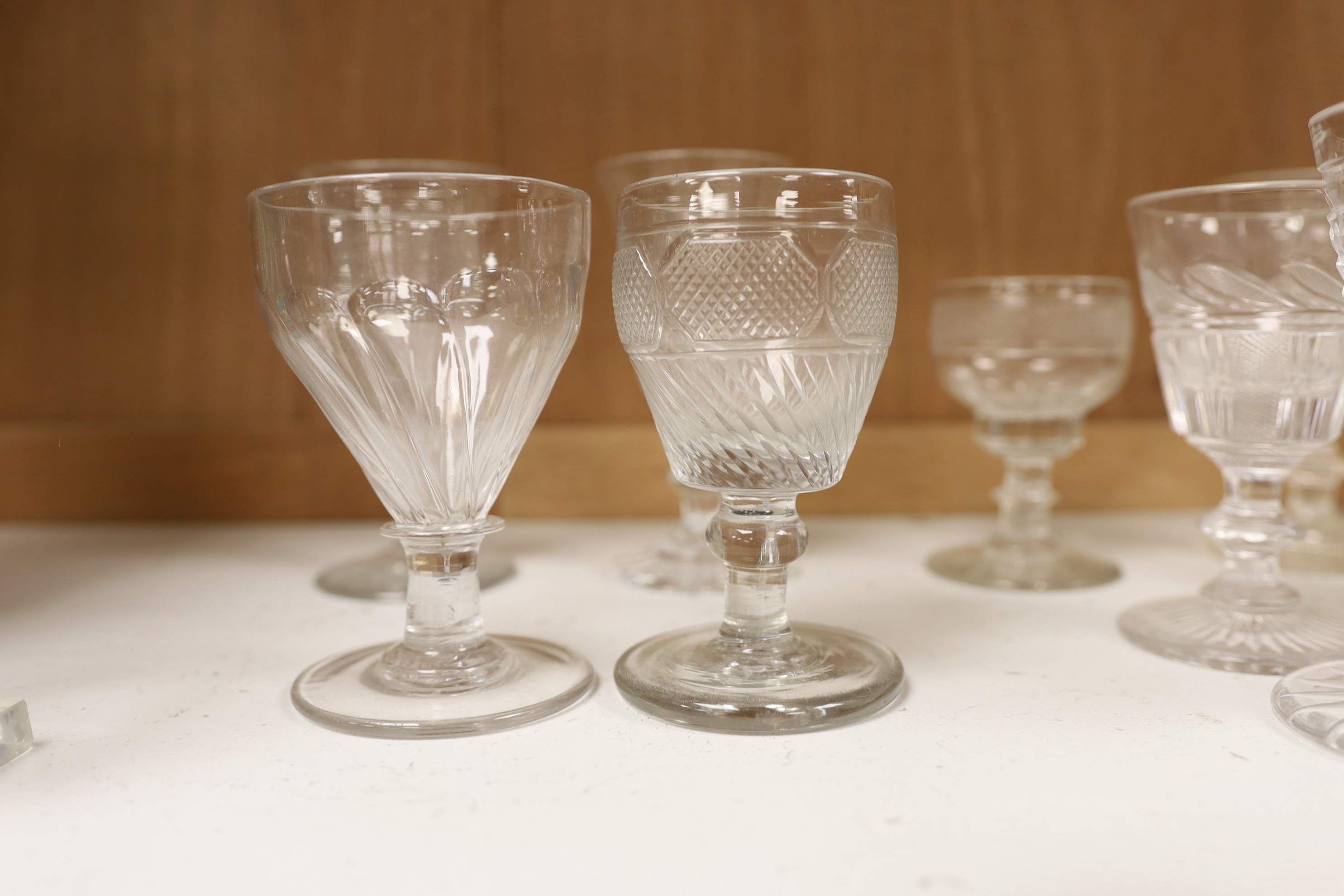 A group of Georgian to 20th century small drinking glasses, tallest 12.5cm (12)